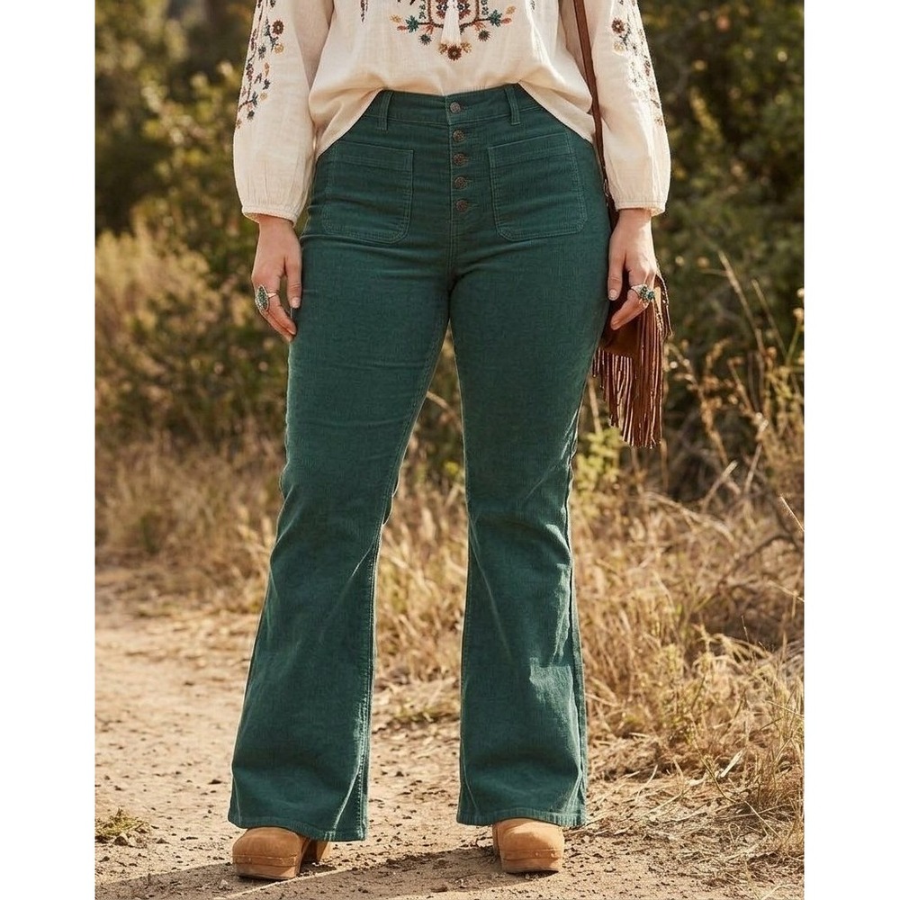 American Eagle Super Hi-Rise Flare Corduroy Pant Women 16 Short Green Button Fly